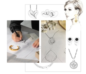 Artistic collage of 18k gold jewelry including heart necklaces and cherry pendants