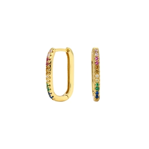 Minimalist S925 sterling silver U-shaped hoop earrings with colorful rainbow zircons