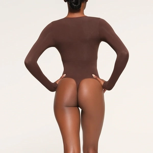 Back view of a sleek brown long-sleeved bodysuit with a thong cut and slim fit design