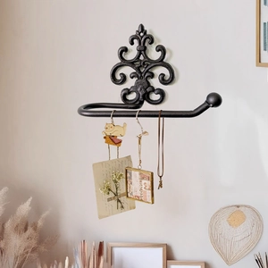 European vintage cast iron fleur-de-lis wall rack for towels or tissues in home decor