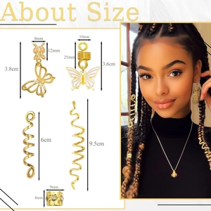Size chart for golden butterfly hair charms and spiral accessories for braids