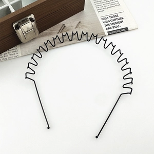 Detail of black wavy metal headband with matte finish and protective ball tips