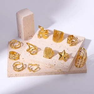 Set of 18k gold plated stainless steel rings with star and shell designs on stone