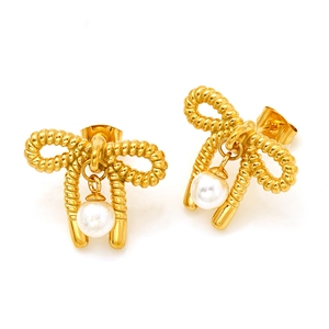 Boucles d'oreilles nœud dorées en acier inoxydable avec pendentif perle blanche élégante