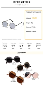 Detailed technical size chart for round metal sunglasses showing frame width and lens height