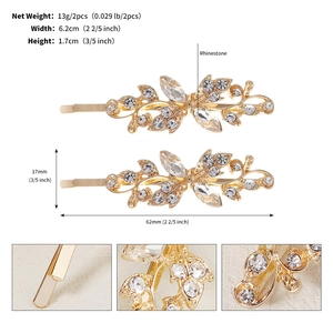 Detailed product dimensions and rhinestones on leaf-shaped golden hair clip set