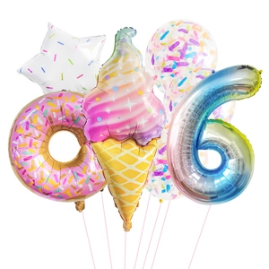 Rainbow number 6 balloon set with ice cream, donut, and star foil balloons for birthday party
