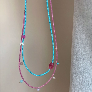 Layered Beaded Necklace Natural Stone Turquoise Rose Pink Beads Bohemian Handmade Choker For Women Vintage Style