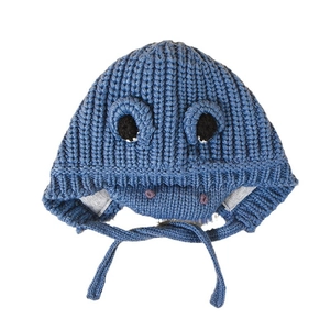 Cute blue dinosaur knitted baby hat with earflaps and 3D decorative eyes for winter