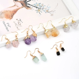 Natural Raw Gemstone Dangle Earrings Gold Plated Metal Hook Amethyst Citrine Crystal Jewelry For Women