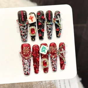 Handmade red and black mahjong press-on nails with luxury crystal and tweed design