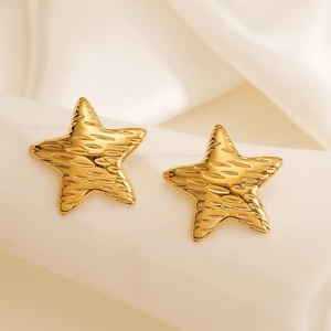 Minimalist 18K gold plated starfish stud earrings on elegant white silk background