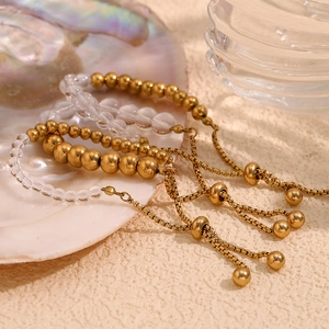 Three-piece gold-plated beaded bracelet set with crystal beads and adjustable drawstring