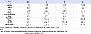 Detailed size chart for women's wrap design trousers including waist and hip measurements