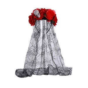 Gothic Halloween headband featuring red roses, small skull accent and black lace veil