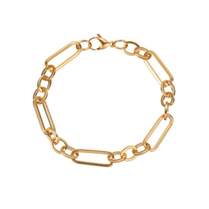 Polished golden stainless steel rectangle and round link chain bracelet with lobster clasp