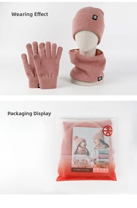 Detailed view of pink knitted winter set including hat, scarf, and touch-screen gloves