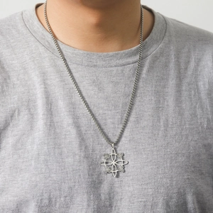 Vintage stainless steel witch knot pendant necklace with silver hollow geometric design