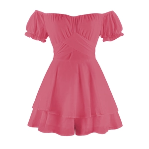 Rosa schulterfreies Minikleid mit gestuftem Rüschensaum und gekreuzten Taillendetails