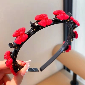 Sweet children's red bow hairband with small braided clips for cute girl hairstyles