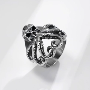 Vintage octopus stainless steel ring with antique silver finish and detailed tentacles