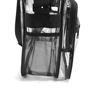 Détail d'un sac bandoulière transparent en PVC avec poche latérale en filet noir et zip