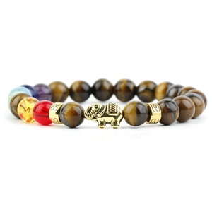 Tiger eye stone bracelet with colorful chakra beads and a golden elephant pendant detail