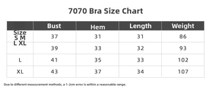 Detailed size chart for sports bra style 7070 showing bust and length measurements