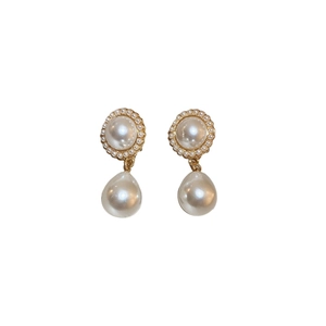 Elegant vintage pearl drop earrings with round pearl studs and gold metal accents