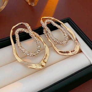 Double Layer Irregular Oval Earrings Alloy With Rhinestones And Silver Earring Post Gold Plated Fashion Jewelry For Women
