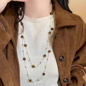 Collier superposé vintage avec perles oeil de tigre et perles d'imitation pour femme