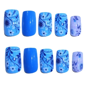 Blue floral press-on nails set with elegant hand-painted flower designs on glossy finish