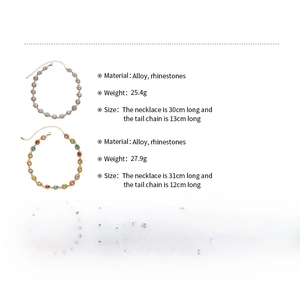 Detailed size chart and material specs for vintage rhinestone teardrop necklaces