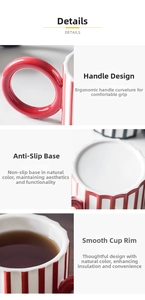 Detailed views of red striped ceramic mug featuring ergonomic handle and non-slip base