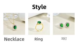 Detail view of emerald green zircon jewelry set featuring a necklace, ring and earrings