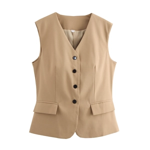 Damen Slim Fit Weste mit V-Ausschnitt und einreihigen Knöpfen in Khaki aus Anzugstoff