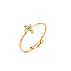 Adjustable 18K gold plated stainless steel ring with a sparkling zircon cross charm