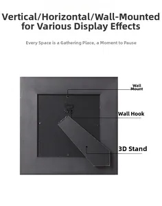 Detail view of square frame back with adjustable stand, hanging hook and metal clips
