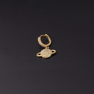 Detail of gold planet earrings with micro-pave cubic zirconia on dark background