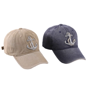 Vintage washed cotton baseball caps with anchor embroidery in khaki and navy blue colors