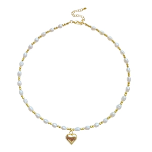 Elegant natural freshwater pearl necklace with gold heart pendant on a clean white background