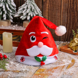 Thickened plush Christmas hat with cartoon Santa design on festive snowy wood background