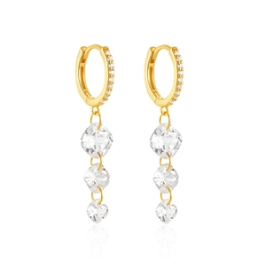 Close-up of luxury S925 silver gold tassel earrings with square cubic zirconia crystals