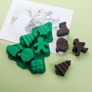 Green Christmas tree-shaped silicone chocolate mold with 6 cavities for holiday baking