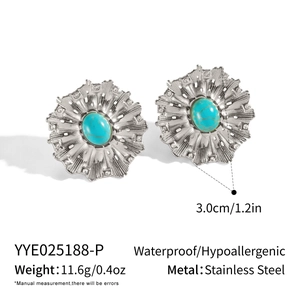 Detail view of turquoise flower stud earrings with dimensions and material specifications