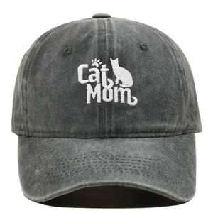Close-up of Cat Mom embroidery on washed charcoal vintage distressed baseball cap