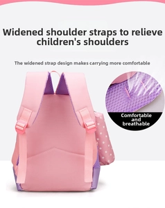 Detail of pink widened breathable mesh shoulder straps on a cute cartoon kids backpack
