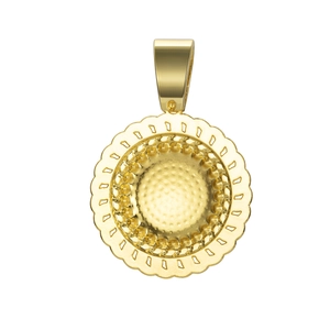 Detail of a gold circular pendant with hammered texture and floral petal edges