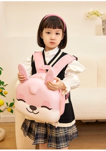 Close-up of pink rabbit cartoon backpack featuring wide shoulder straps and EVA material