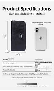 Detailed view of the large capacity men's wallet with size guide and card slot features